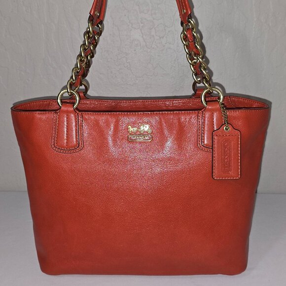 Coach 20466 Madison Persimmon Glove Leather Chain Link Strap Shoulder Tote Bag - Picture 1 of 13